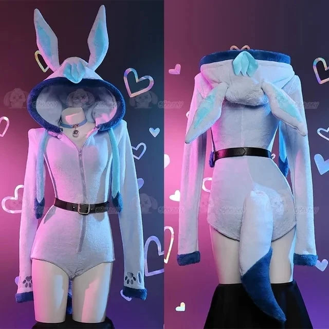 Anime Eevee Cosplay Costume Women Sexy Flannel Hooded Bodysuit Socks Suit Bunny Girl Cute Cartoon Plush Pajamas Jumpsuit Uniform