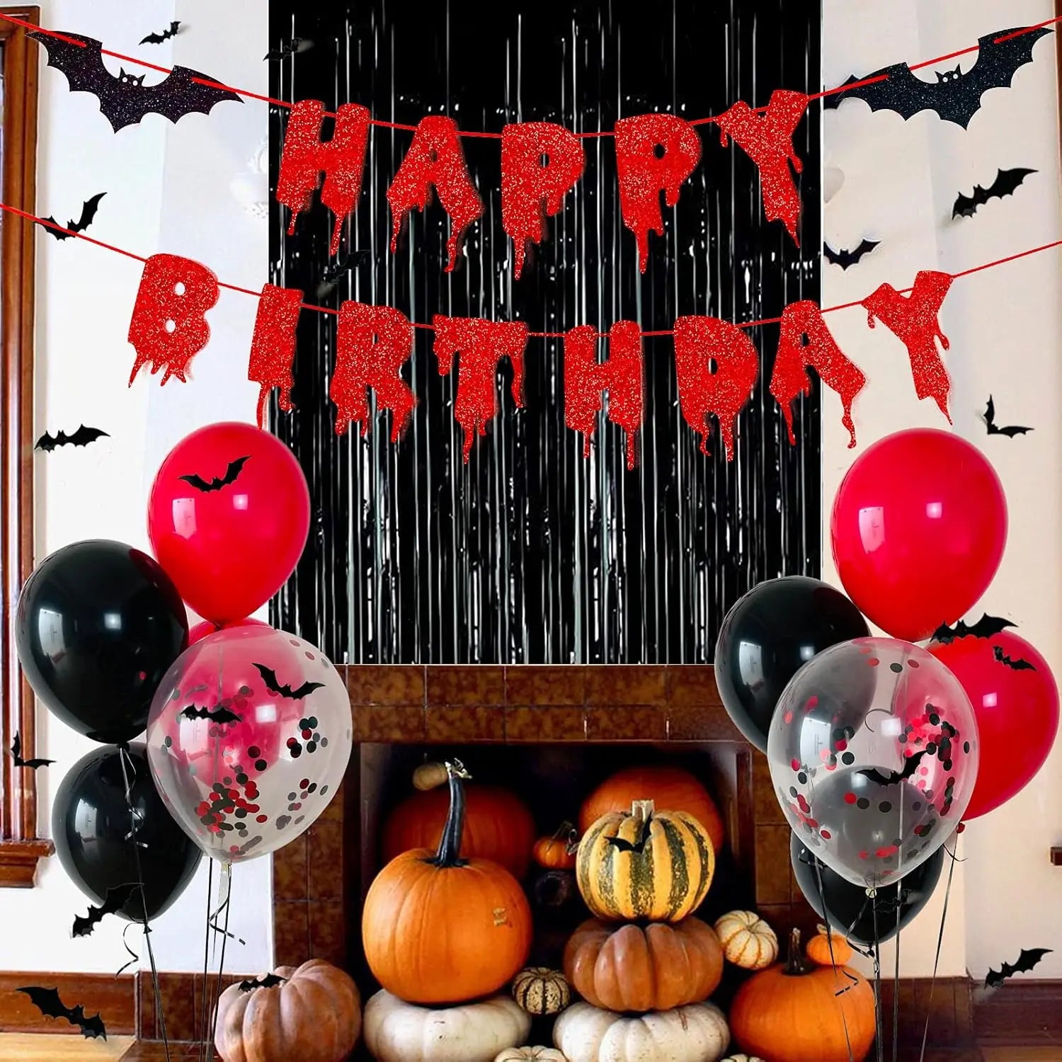 Red Shiny Happy Birthday Halloween Banner, Black Foil Curtain Backdrop, 3D - product image 3
