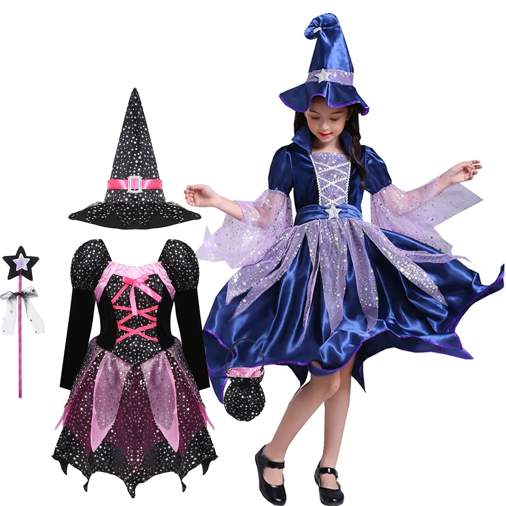 4pcs Halloween costume Witch Dress+Hat+Wand+Bag Girls Wizard Costume Set Witch Princess Carnival Masquerade - product image 1