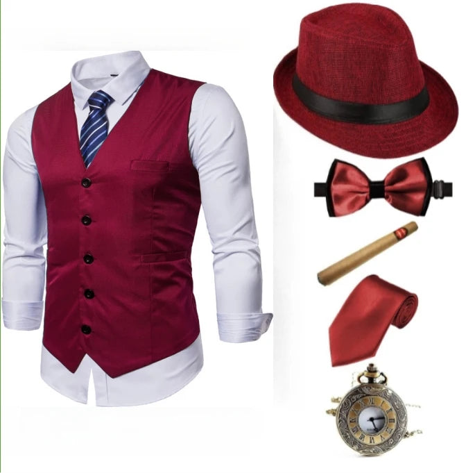 1920s Mens Costume ,Gatsby Gangster Vest,Vintage Pocket Watch,Pre Tied Bow Tie