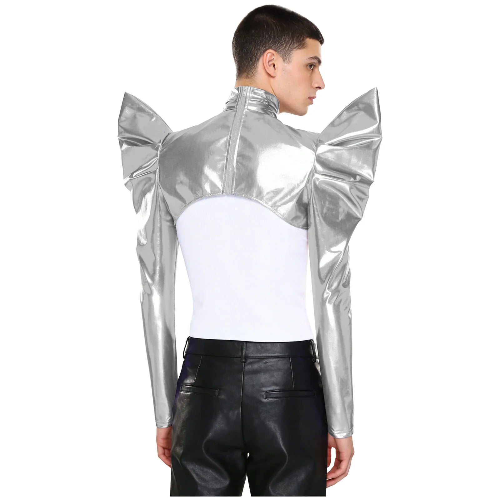 Men's Halloween Costume Bolero Iridescent Metallic Shoulder Armor Sleeve Turtleneck - Silver / M