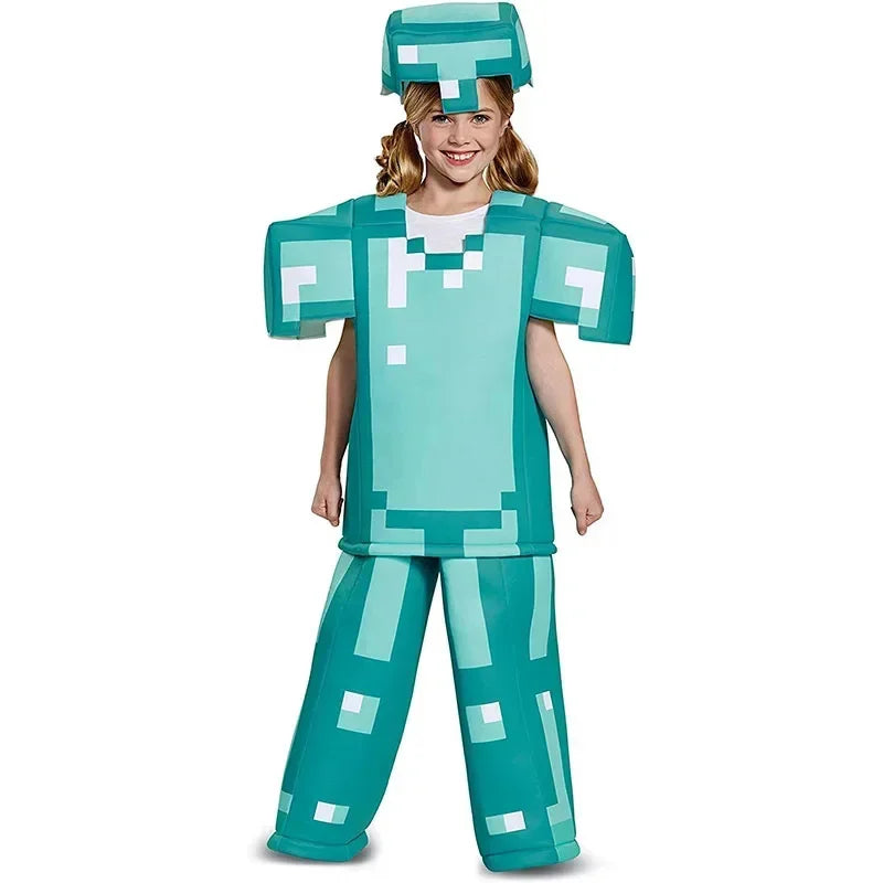 Boys Craft Villager Costume Deluxe Kids Games Party Armor Suit Creep Jumpsuit Blue
