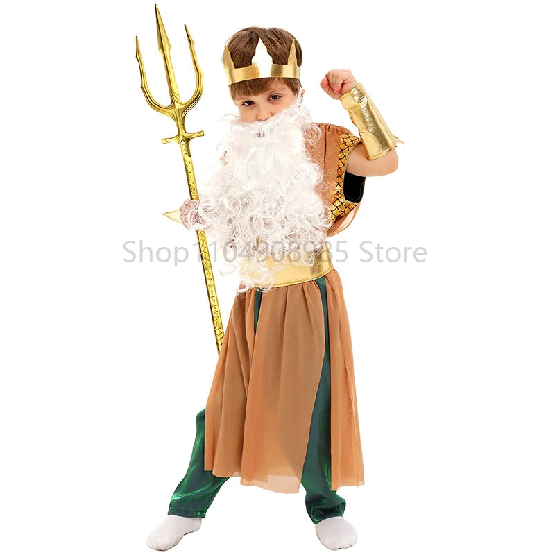 Boy Greek Golden King Neptune Up God of the Sea Halloween Costume for Kids Economic - Clothing Trident / S