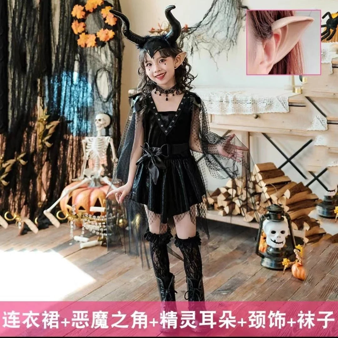 Halloween Enfant Demon Costume Witch Black Outfit Gothic Stage Show Vampire Dress with - Only Dress / L 120cm