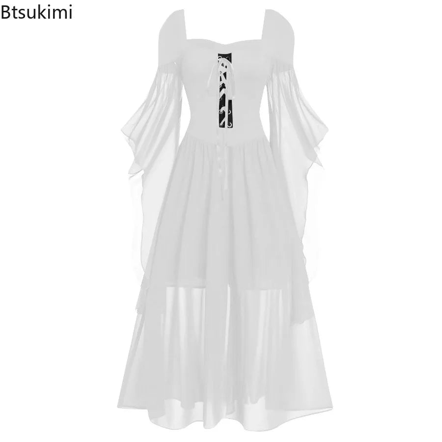 Women's Vintage Gothic Dress Halloween Witch Cosplay Costumes Off Shoulder Lace-Up Medieval Maxi Dress Retro - product image 2