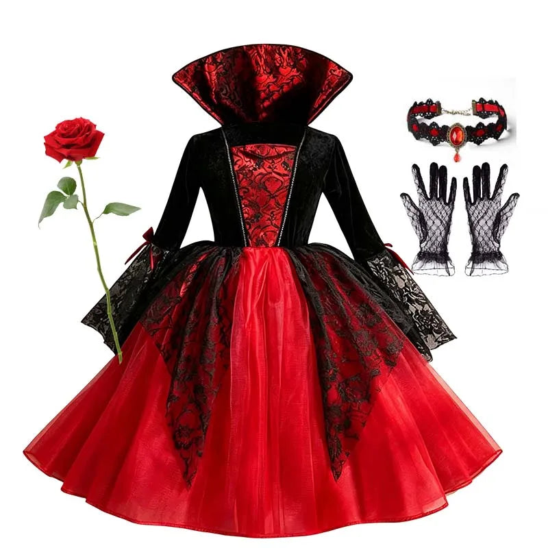 Girls Gothic Vampire Costume – Black & Red Dress or Accessory Sets