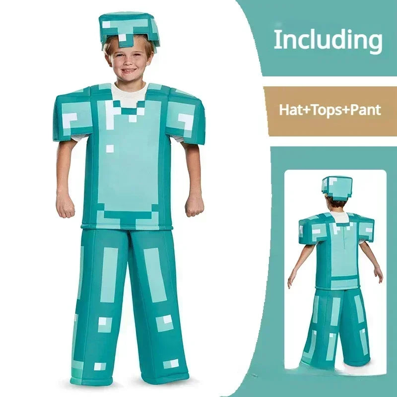 Kids Cosplay Diamond Armor Game Character Steve Cosplay Costumes 3 Pieces Set Blue Outfits Dress Up Set for Halloween Suit