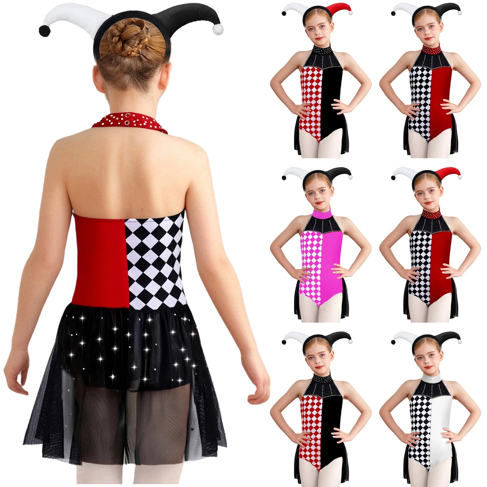 Girls Halloween Circus Clown Costume Performance Costume Sleeveless Rhinestone Mesh Dance - Black / 6