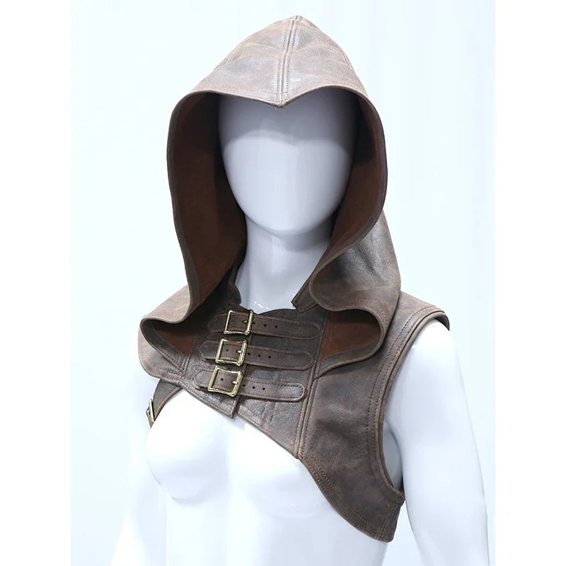 Medieval Women Armor Huntress Men's Assassin Costume Leather Hooded Shawl Viking Warrior - black / 5XL