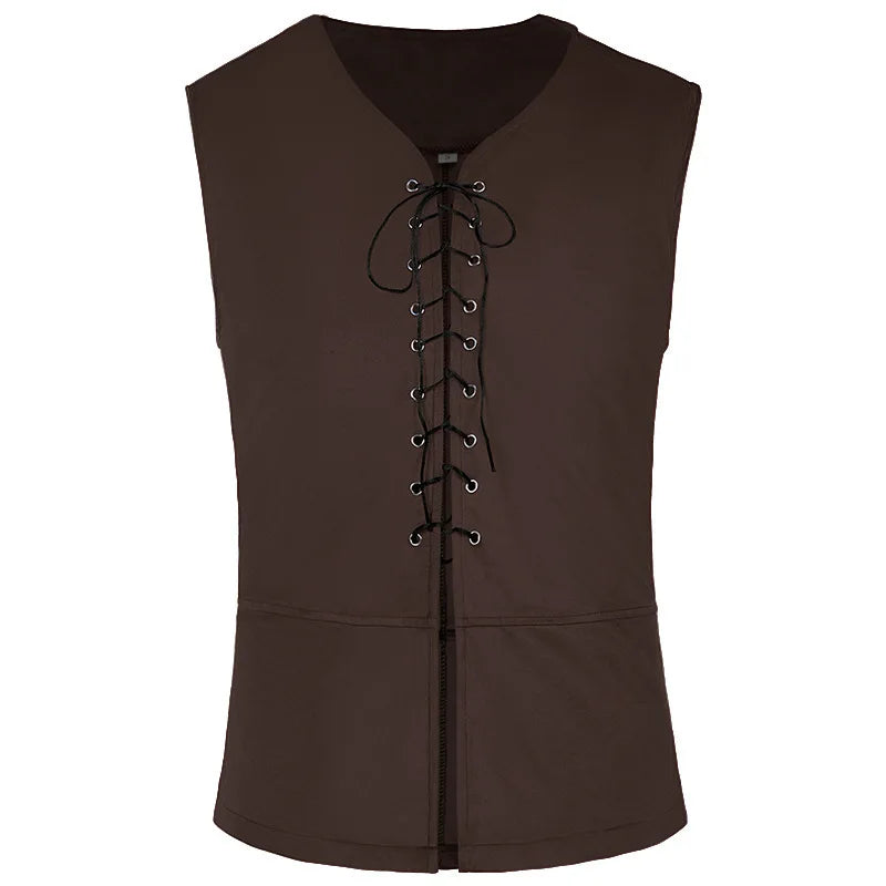 Men's Medieval Renaissance Vest Shirt Ankle Banded Pants Viking Halloween Costume - black / XXXL
