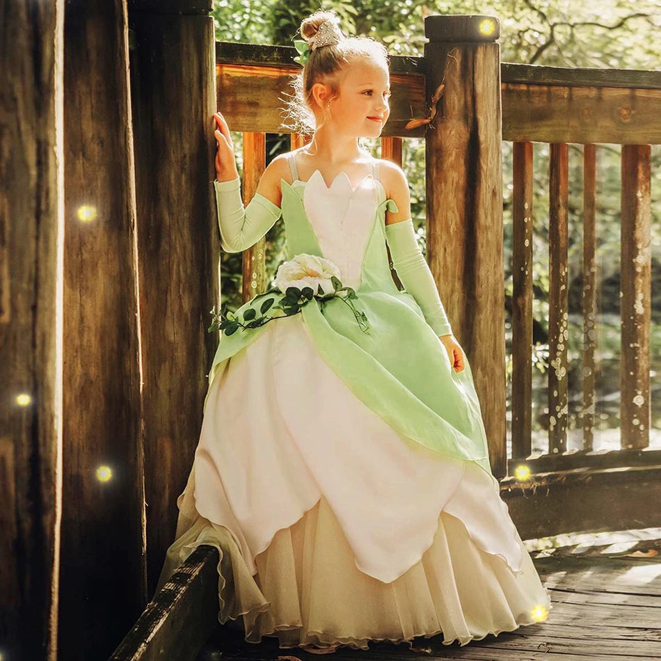 Girls Tiana-Inspired Princess Dress – Floral & Light-Up Costume Options