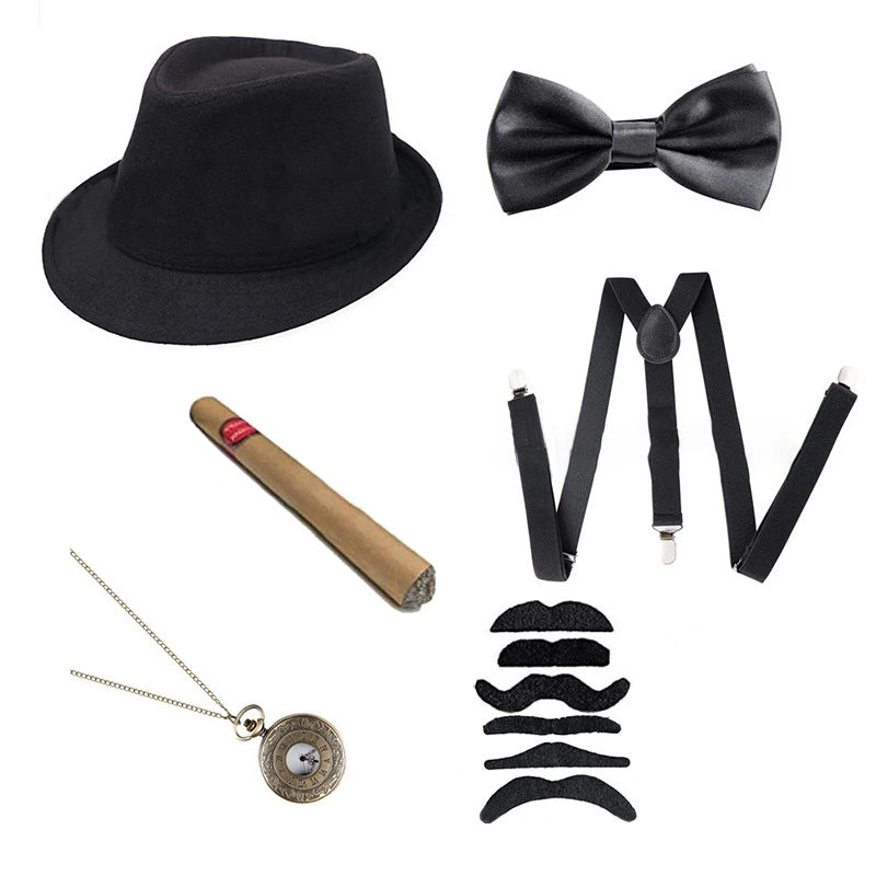 Halloween 1Set 1920's Costume Hat Pocket Watch Neck Tie Moustache Bowtie Gatsby - View 13