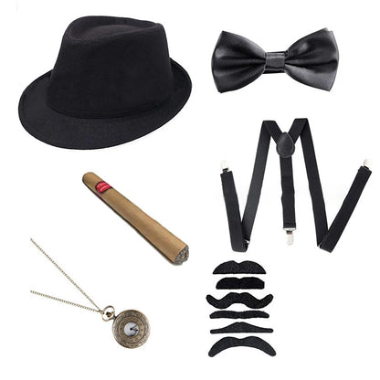 Halloween 1Set 1920's Costume Hat Pocket Watch Neck Tie Moustache Bowtie Gatsby - View 13