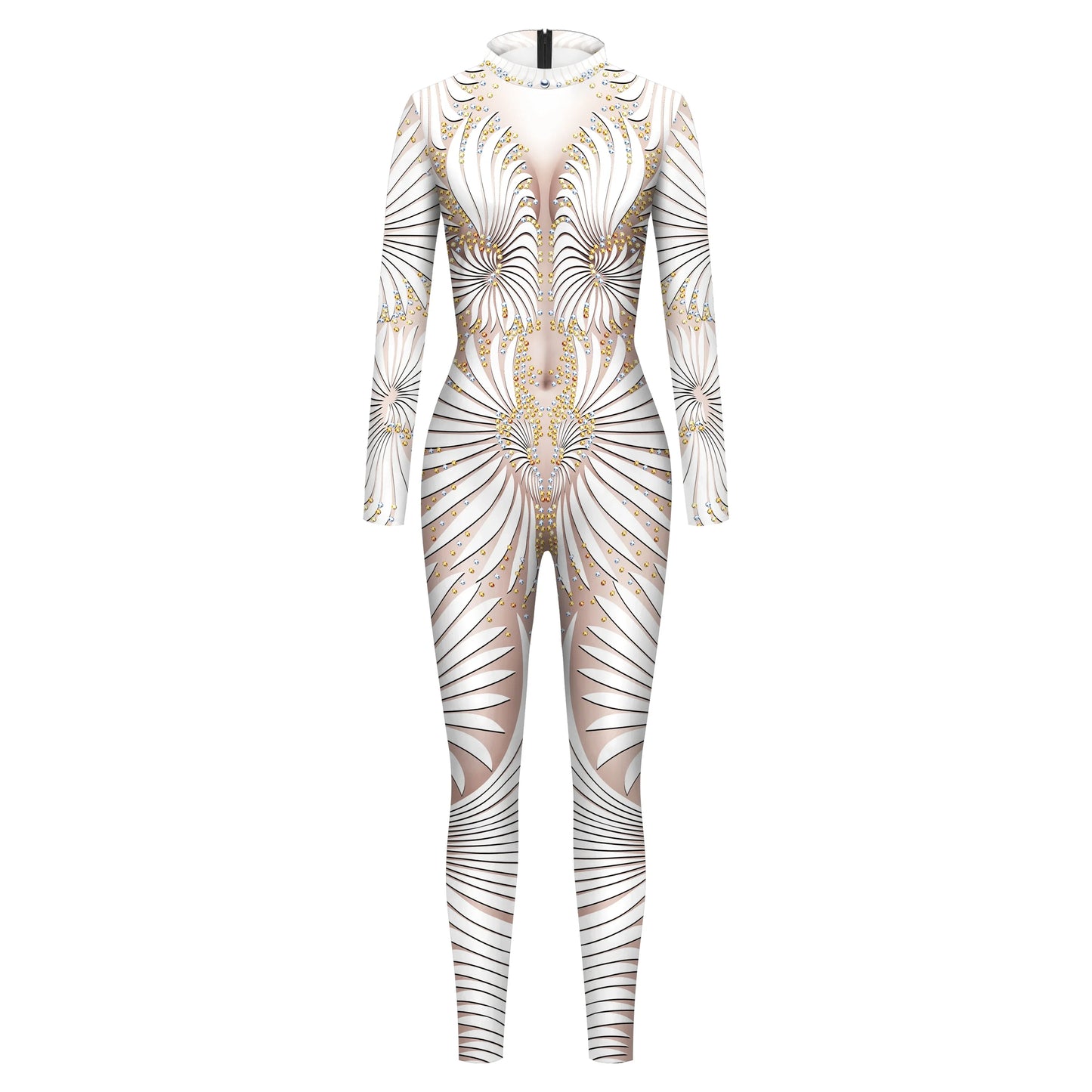 Halloween Cosplay Costume Shiny Sexy Lace Sequins Pattern 3D Printed Slim Bodysuit Theme Party Role Playing Jumpsuit for Women