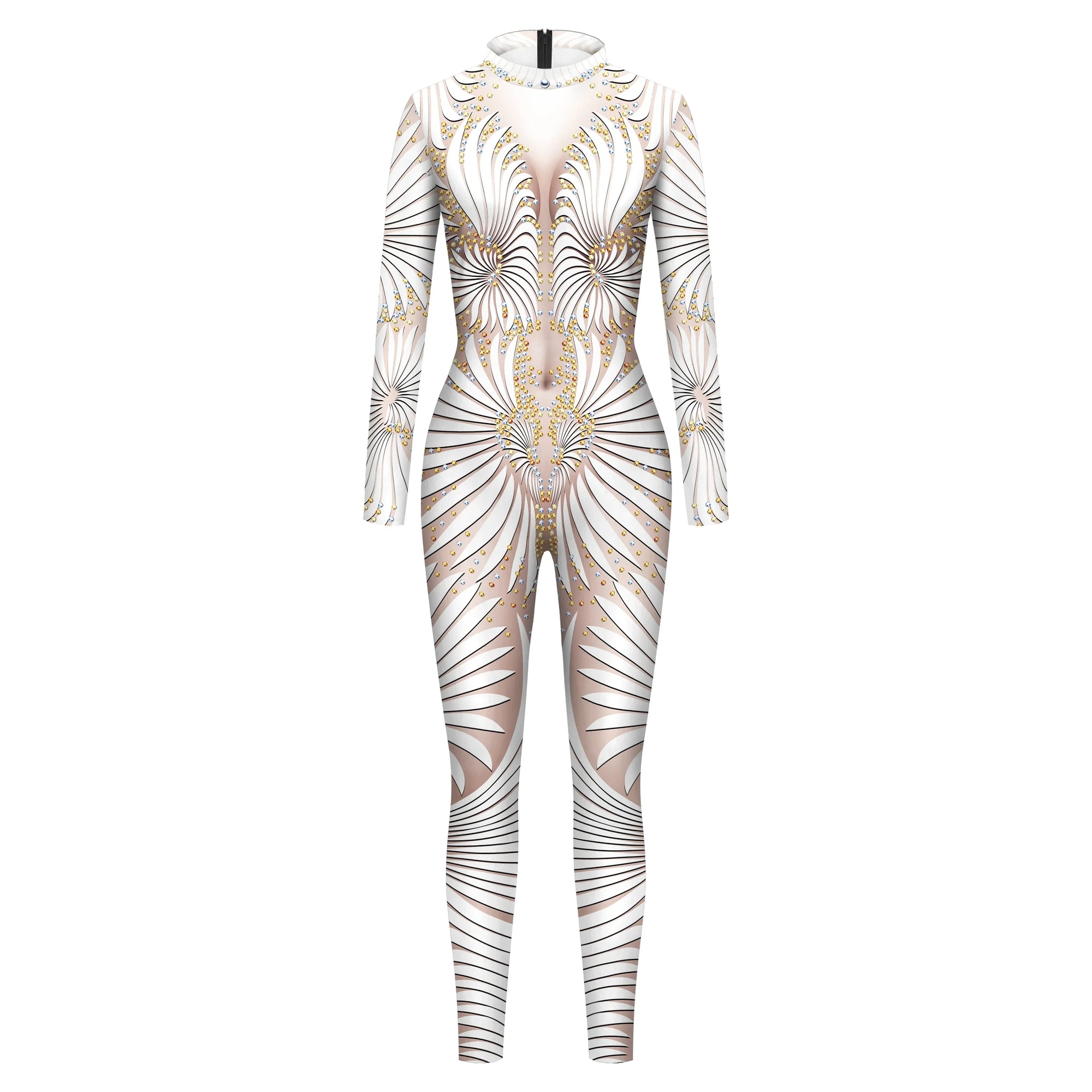 Halloween Costume Shiny Sexy Lace Sequins Pattern 3D Printed Slim Bodysuit Theme Jumpsuit for Women