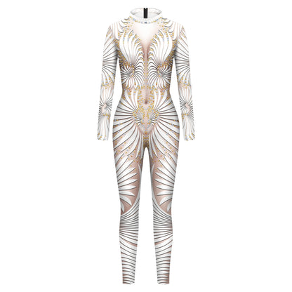 Halloween Cosplay Costume Shiny Sexy Lace Sequins Pattern 3D Printed Slim Bodysuit Theme Party Role Playing Jumpsuit for Women