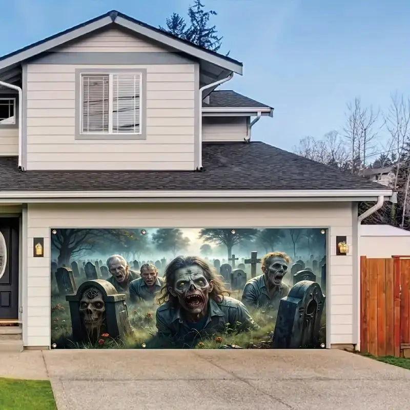 Zombie Garage Door Banner Tombstone Skull Photography Background