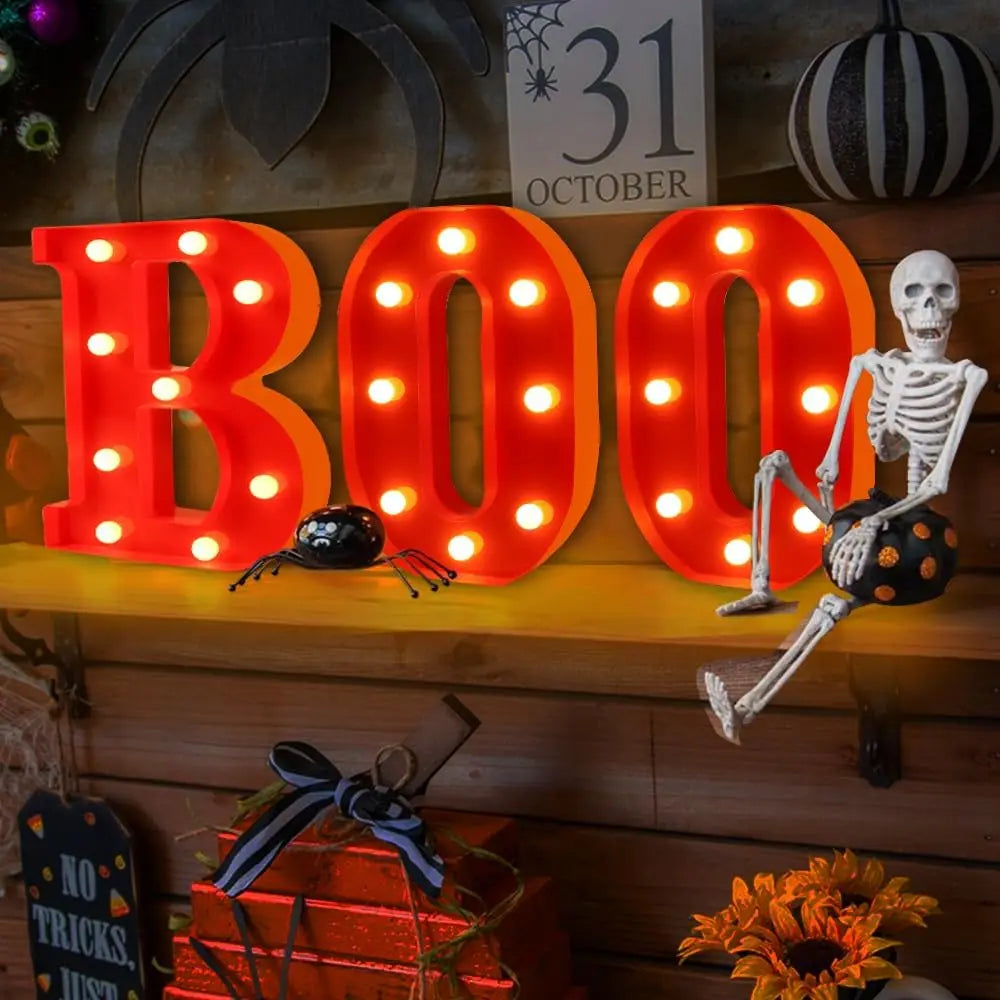 Halloween Decorations-3 LED Marquee Light up Letters "BOO" Sign Halloween Decor for Kitchen Tabletop Fireplace Mantel Party