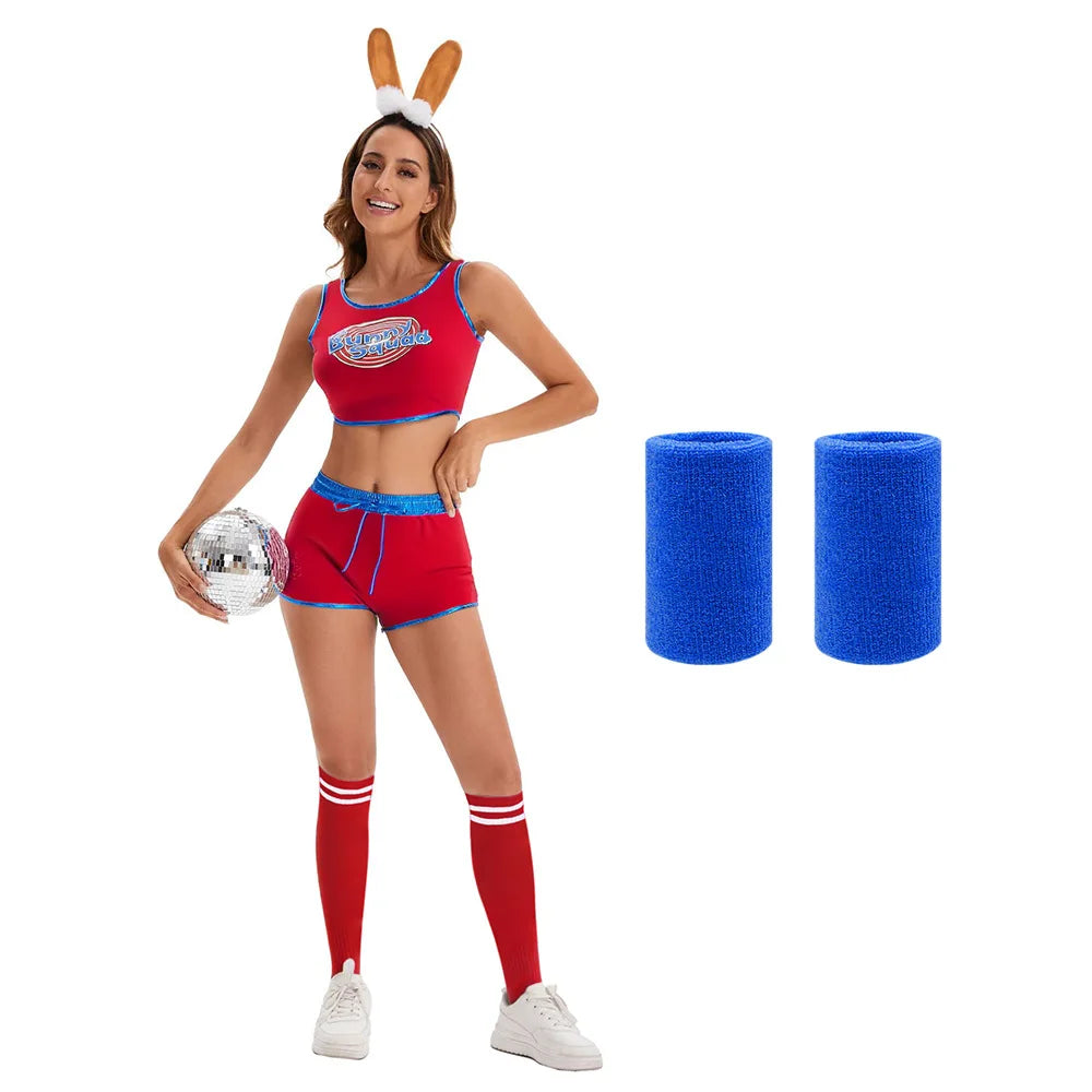 Cute Bunny Squad Cheerleading Costume Set Print Trim Edge Crop Tank Top & Elastic Waist Shorts for Halloween Club Party Cosplay