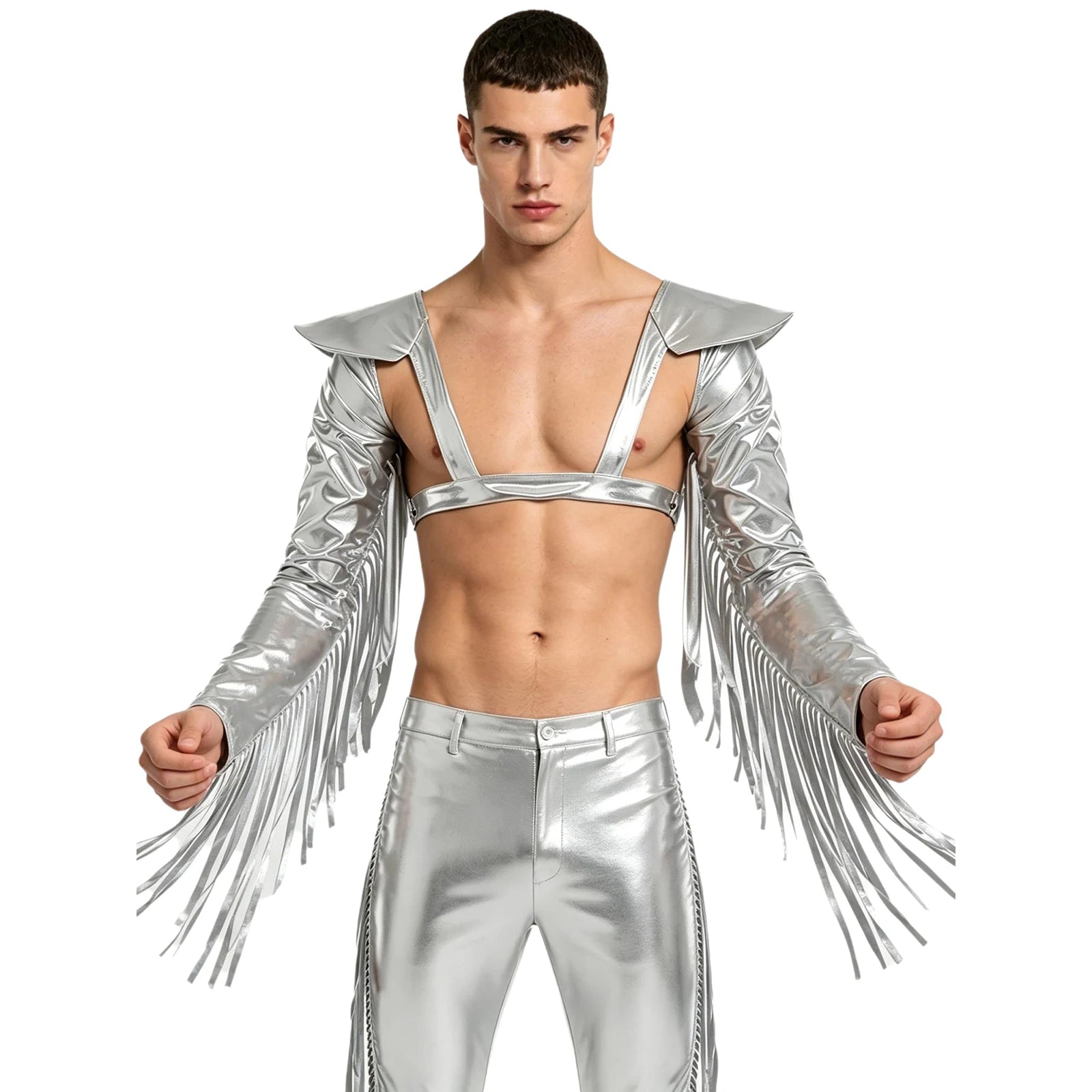 Men's Holographic Glossy Shoulder Armor Tops Fly Sleeve Jacket Tailcoat Costume - alternate view 6