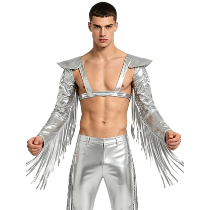 Men's Holographic Glossy Shoulder Armor Tops Fly Sleeve Jacket Tailcoat Costume - alternate view 6