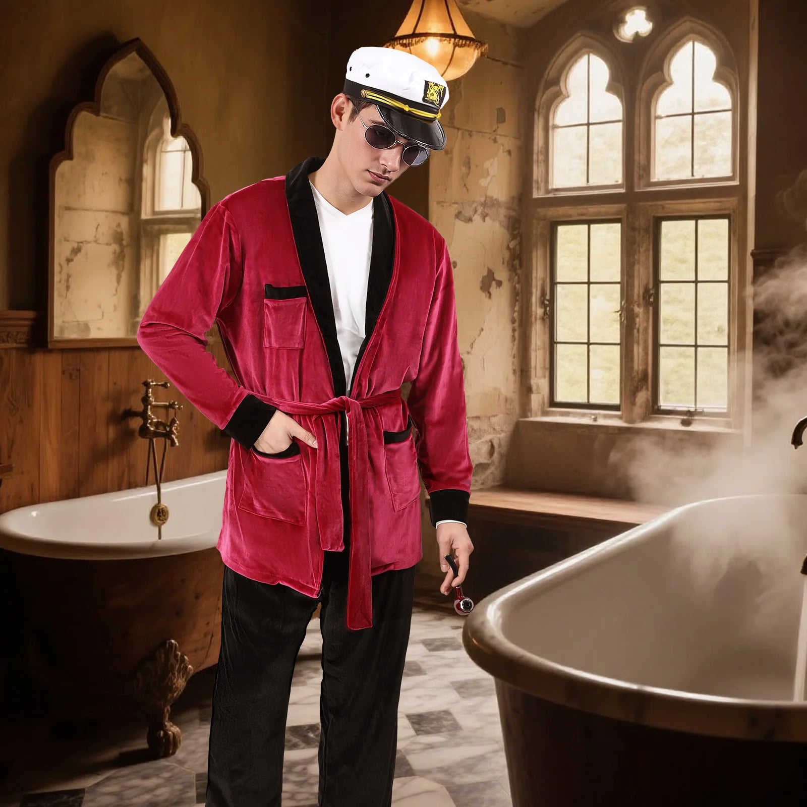 Men Velvet Robe Silky Long Sleeve Bathrobe Pajama with Sunglasses Captain Hat Belt PantsHalloween