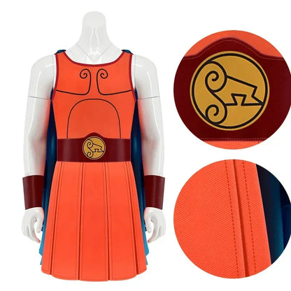 Hercules Costume Fantasy Jumpsuit with Vest and Cape Halloween Disguise Outfit - Orange / L