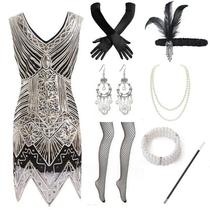 1920s Flapper Dress Women Sexy Beaded Fringe Gown Vintage Sequin Net Costume Gatsby Party Holiday Outfit Jazz Girl Ball Dress Up
