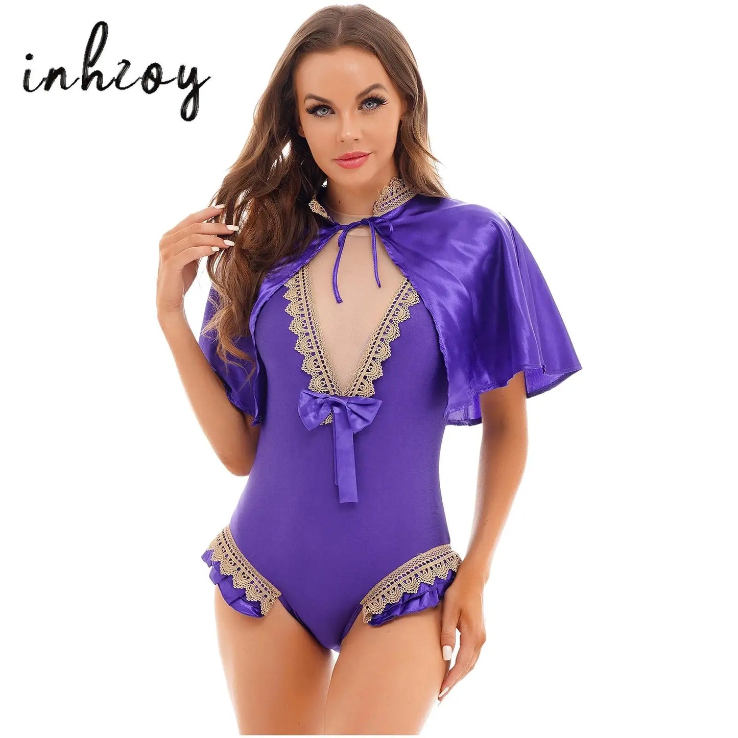 2Pcs Women Showman Costume Halloween Outfit Shiny Satin Cape Top+Sleeveless High Cut - Purple / M