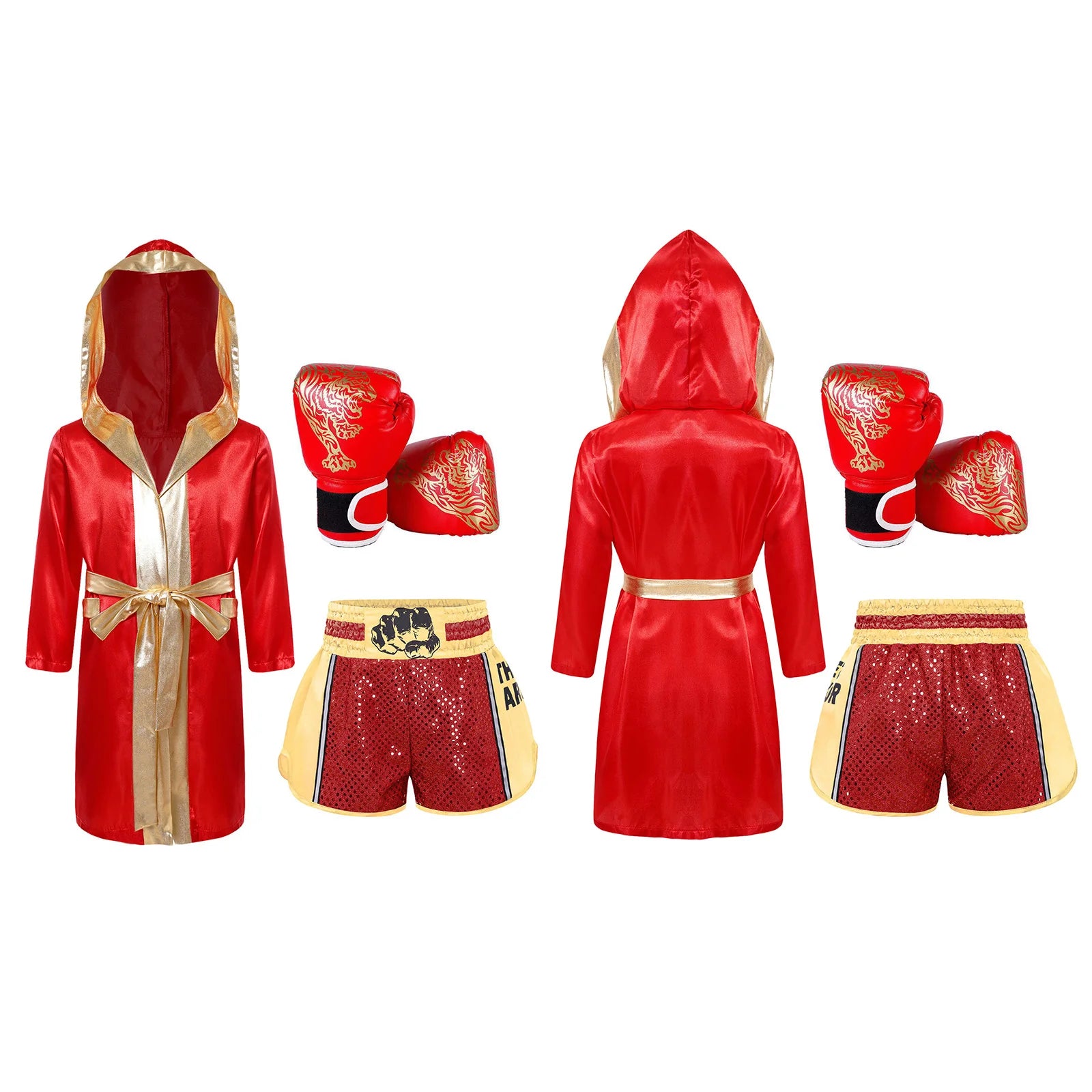 Boxing Sleeve Metallic Trim Satin Hooded Robe Belt Sequins Shorts and Gloves - Pink / 12