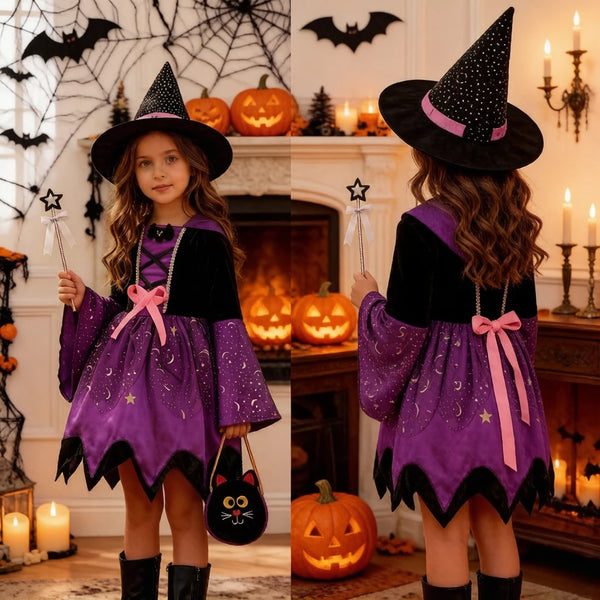 5Pcs Kids Halloween Witch Costume with glowing design, retro European style, cute anime look for children - product image 1