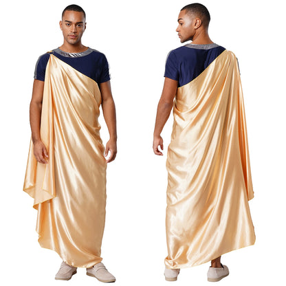 Men Halloween Ancient Greek God Hades Costume Short Sleeve Robe with One Shoulder Satin - Gold / XXL