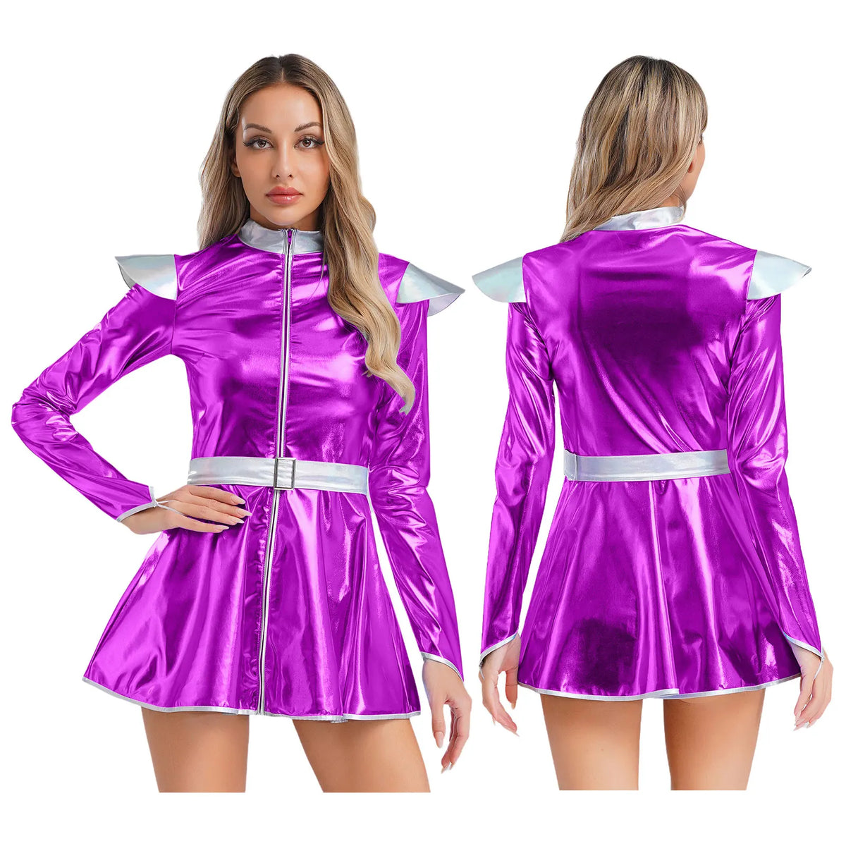 Woman's Outerspace Astronaut Alien Robot Cosplay Costume Metallic Long Sleeve Zip Up A Line Dance Dress for Theme Club Party