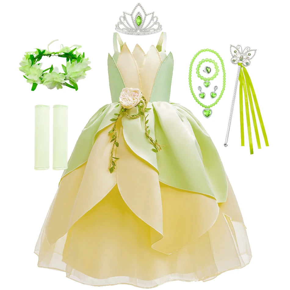 Girls Tiana-Inspired Princess Dress – Floral & Light-Up Costume Options