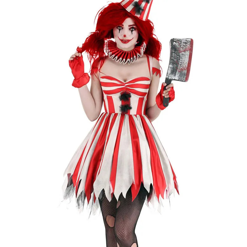 Women's Red Circus Clown Costume – Striped Mini Dress with Accessories