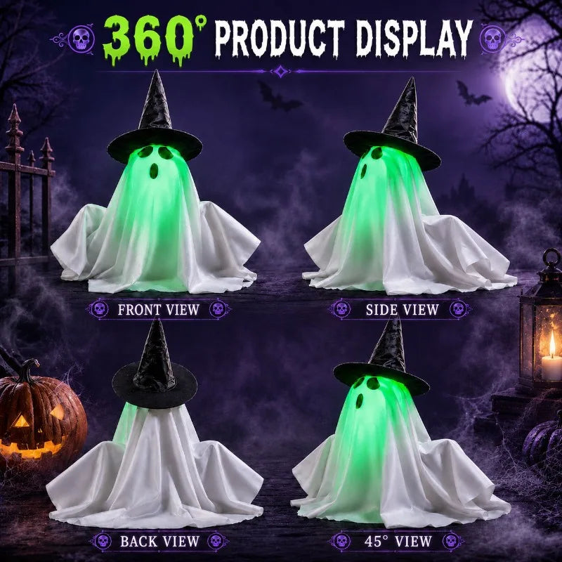 Rising Halloween Ghost Decor With Witch Hat, Glowing Green Face With Spooky Sound Effect, Tabletop Haunted