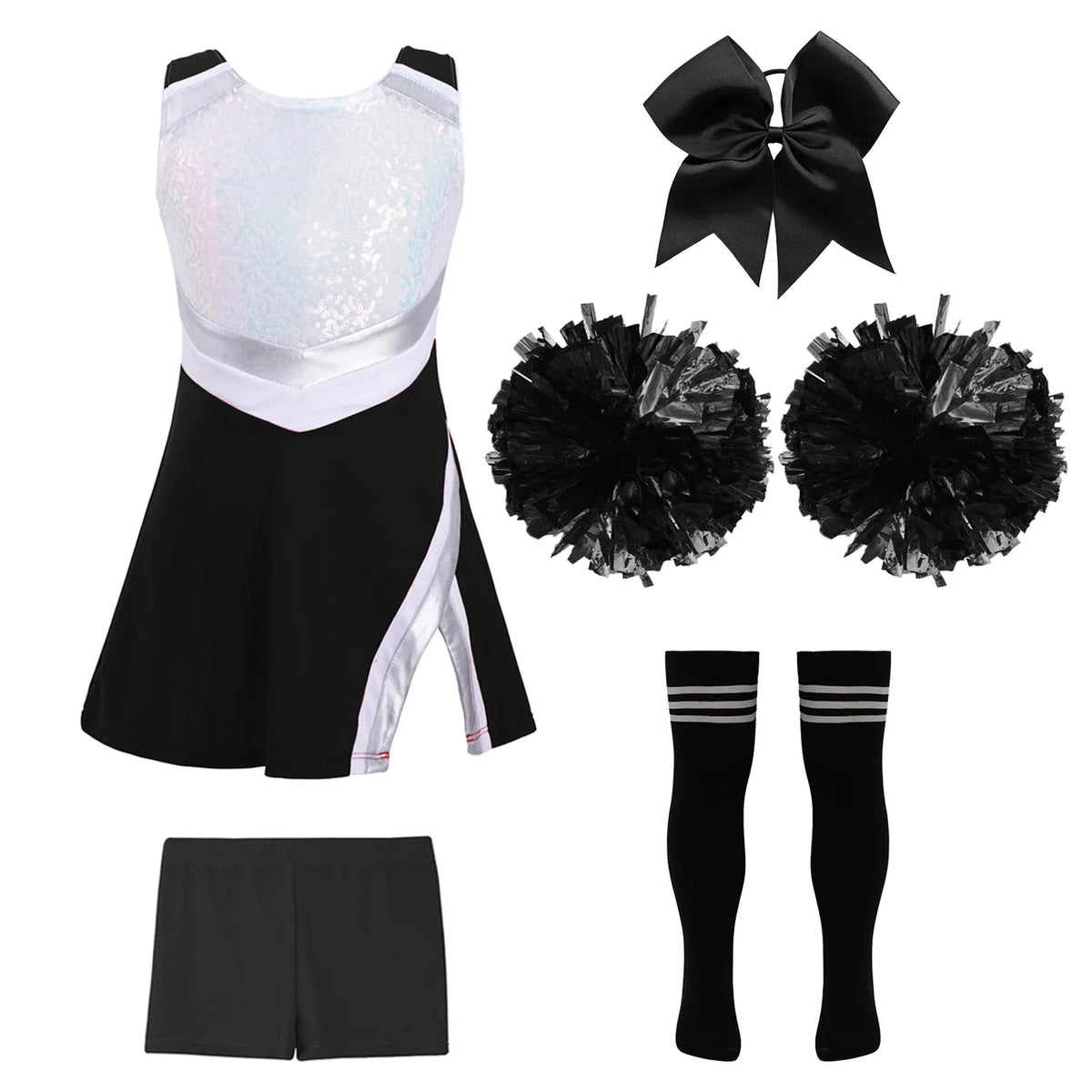 Girls' Cheerleader Costume Uniform with Pom-Poms - A White Black 8