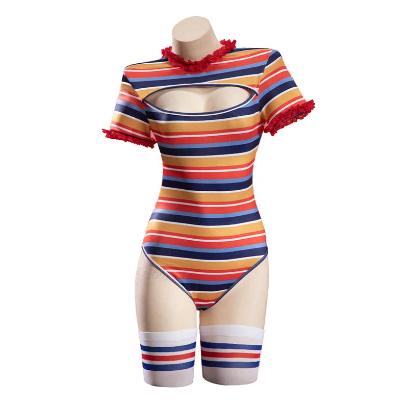 Bride of Chucky Costume Women Sexy Stripes Short Sleeve Bodysuit Skirt Socks Suit - Blue / XL