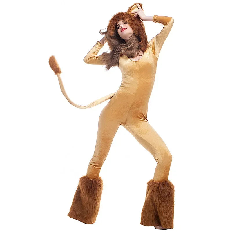 Women's For Lion King Animal Cartoon Lion Plush Hooded Jumpsuit With Costume - alternate view 4