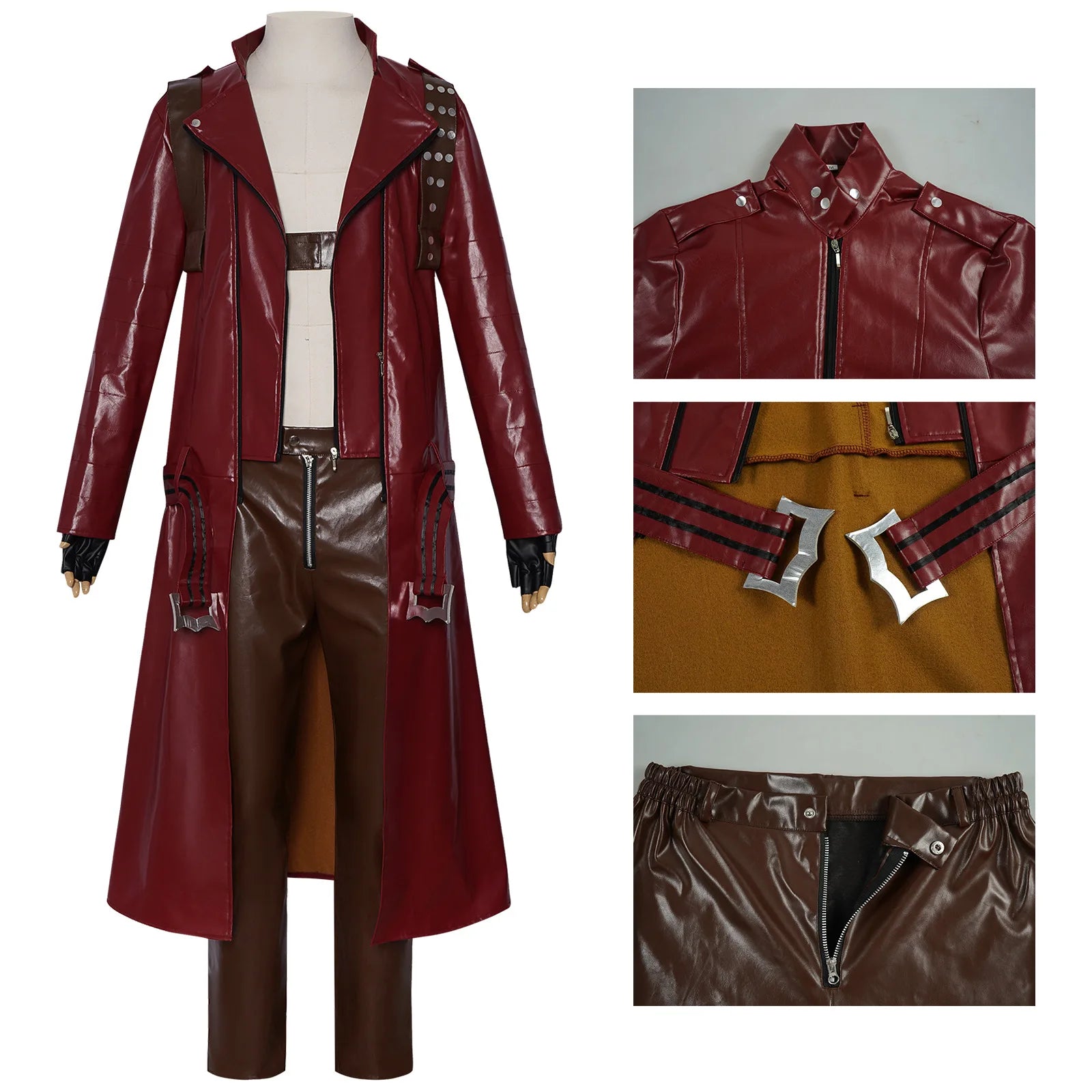 Dante Costume Devil Costume May Cry 3Red Leather Trench Coat Halloween Outfit for Men - suit / XS