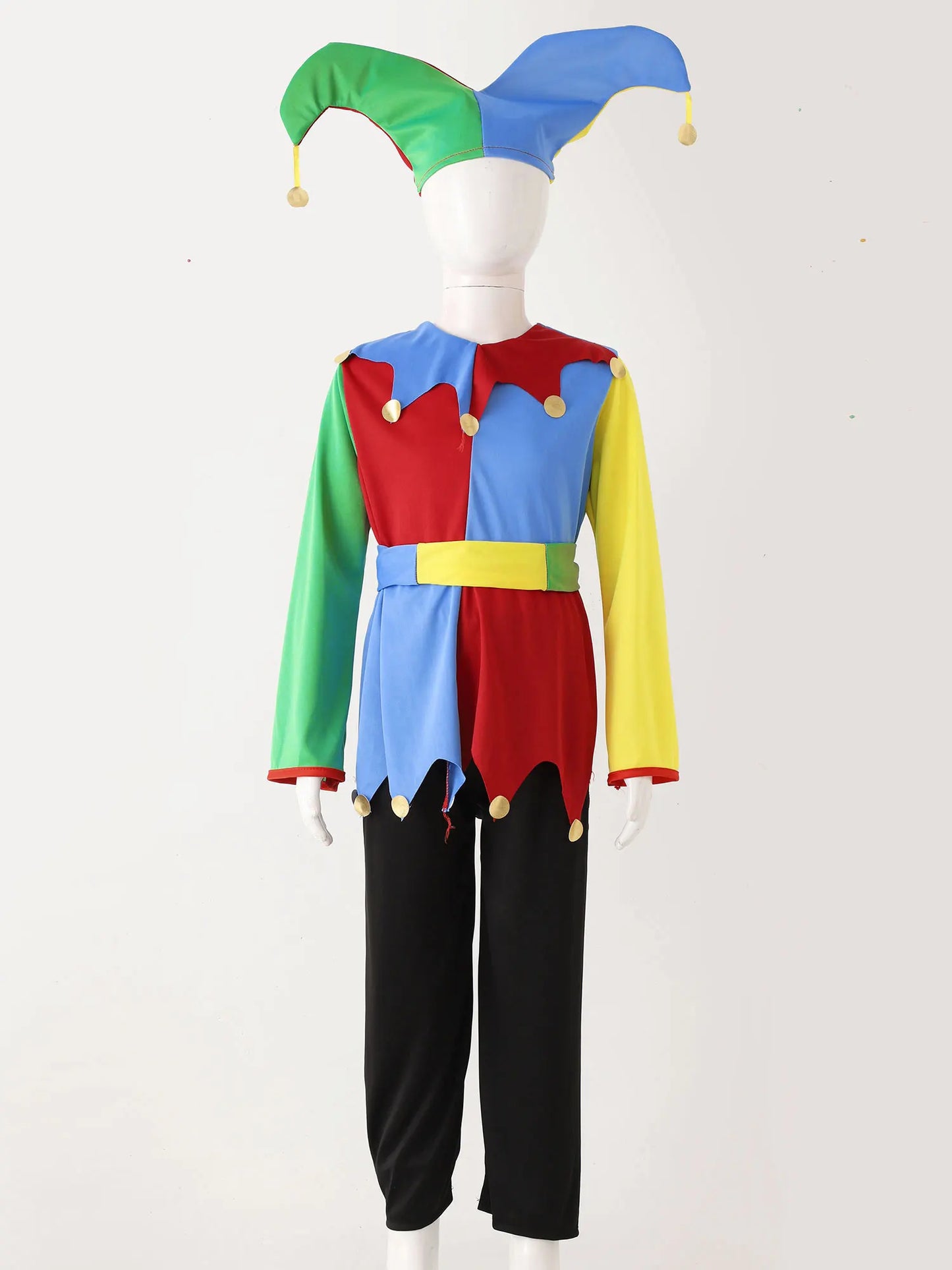 Boys Girls Circus Clown Halloween Up Costume Color Block Dress Clown Hat Pants Set Clowns - Colorful B / 11-14Y
