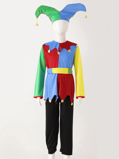Boys Girls Circus Clown Halloween Up Costume Color Block Dress Clown Hat Pants Set Clowns - Colorful B / 11-14Y