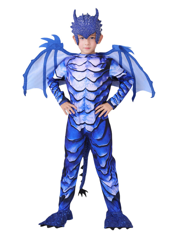 The Frost Blue Dragon Knight Jumpsuit for Kids, Halloween Carnival Theme Party Costume with Wing Tail Mask - product image 1