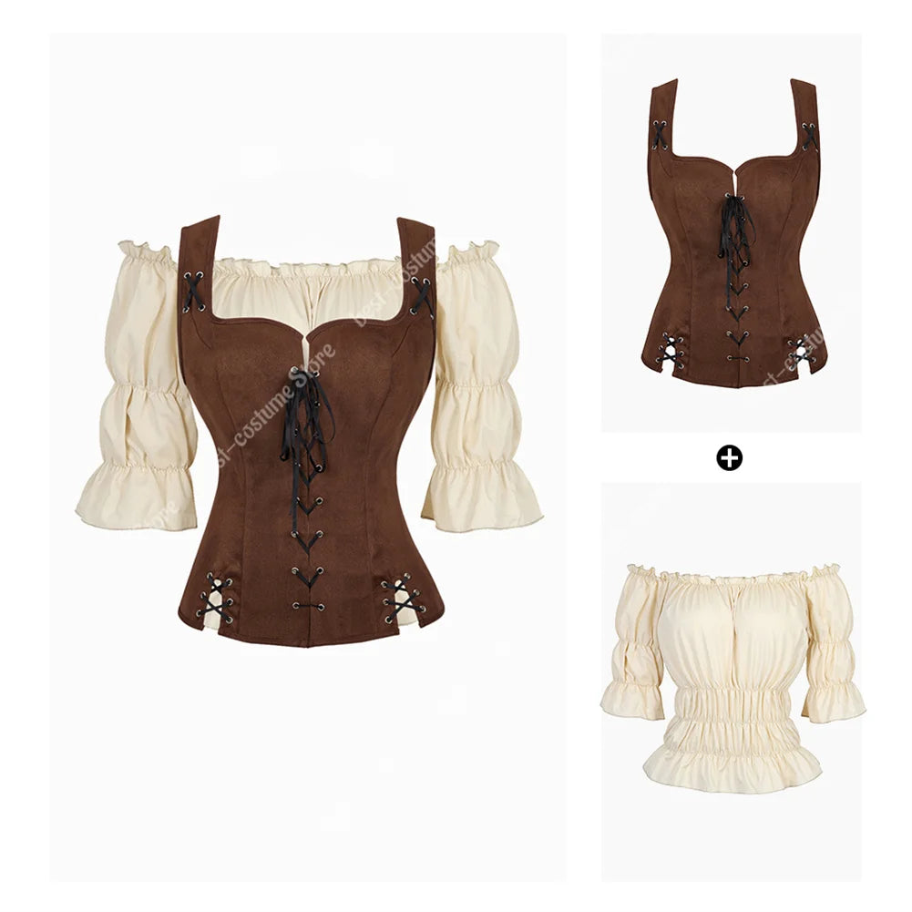 Pirate Costume Women Medieval Vest Costume Plus Size Medieval Blouse Tops 2 Pieces