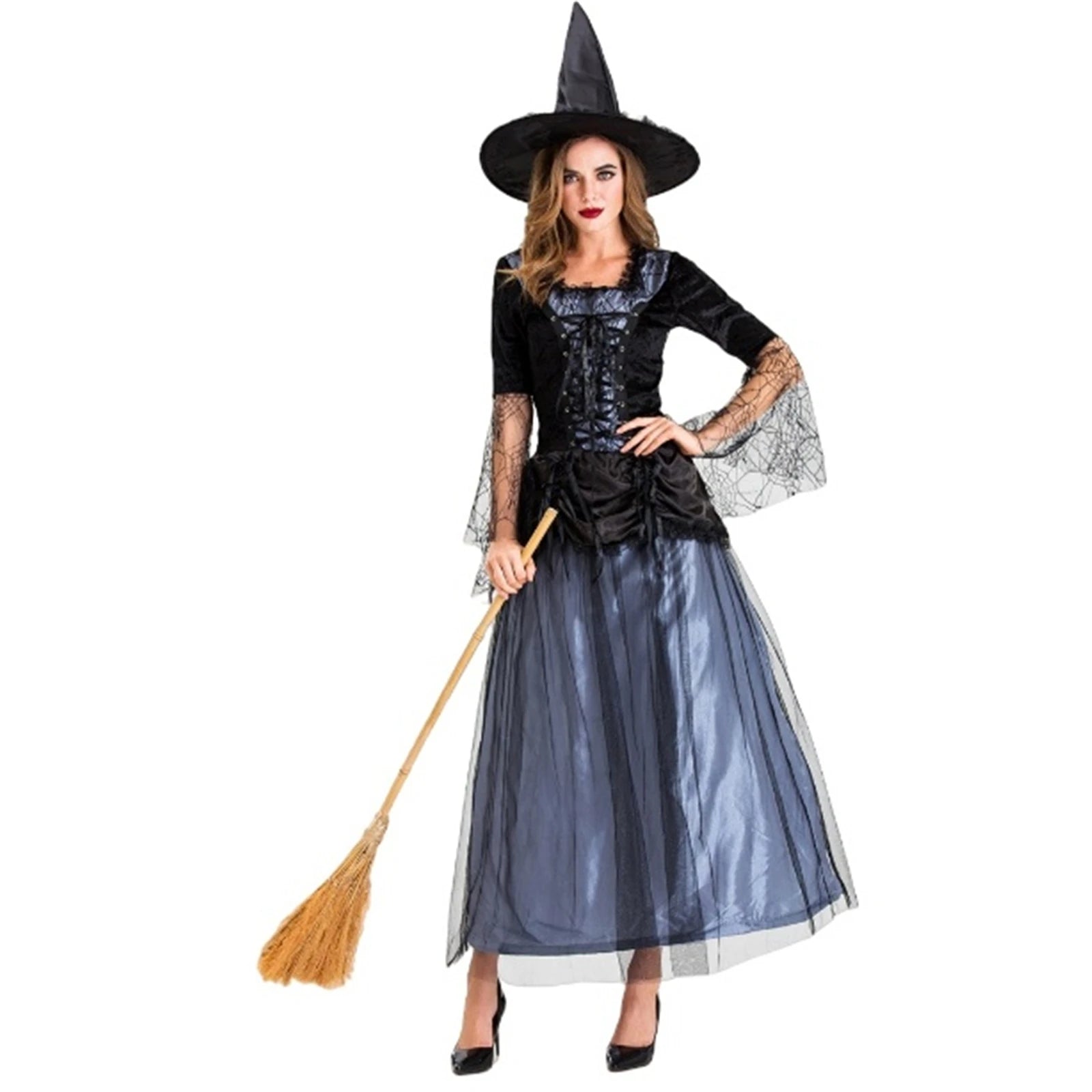 Women's Witch Gothic Lace Mesh Black Hat Uniform Costume - alternate view 4