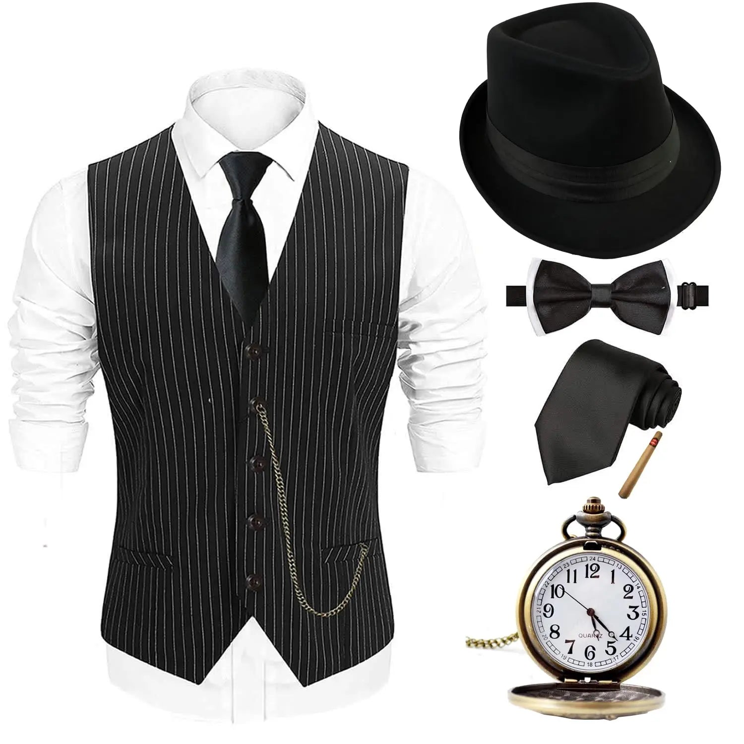 1920s Mens Costume ,Gatsby Gangster Vest,Vintage Pocket Watch,Pre Tied Bow Tie
