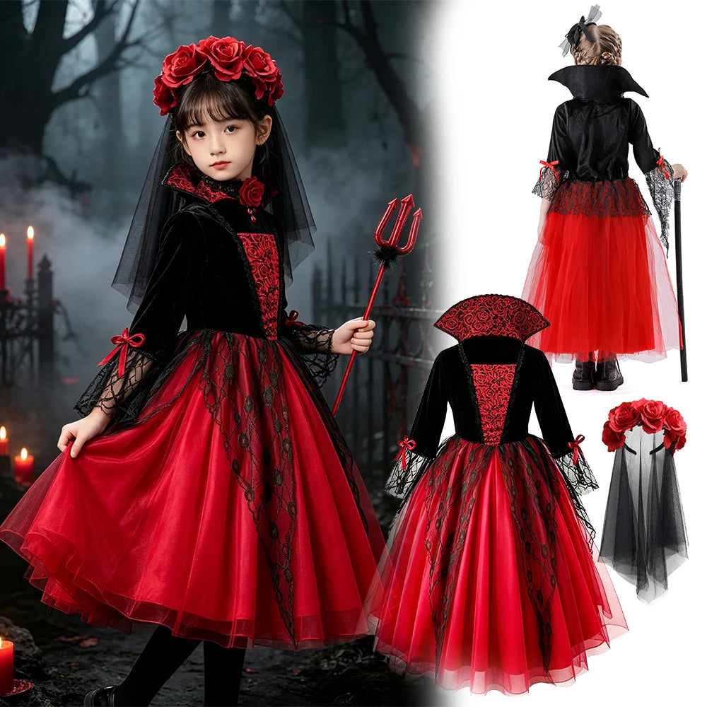 Kids Red Lace Ghost Bride Fancy Dress Spooky Bridal Role Play Outfit - product image 2