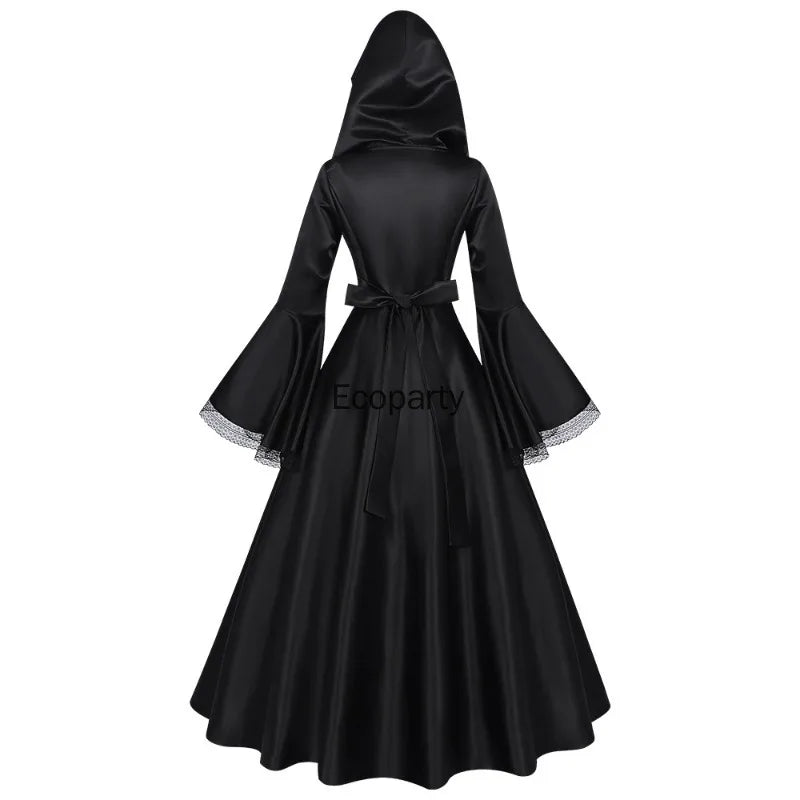 Renaissance Gothic Hooded Dress for Women Black Square Neck Flare Sleeve Big Swing Long Dresses Female - product image 2