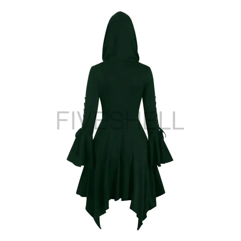 Women's Medieval Autumn Gothic Lace Vintage Renaissance Hooded Halloween Costume - green / XXXL