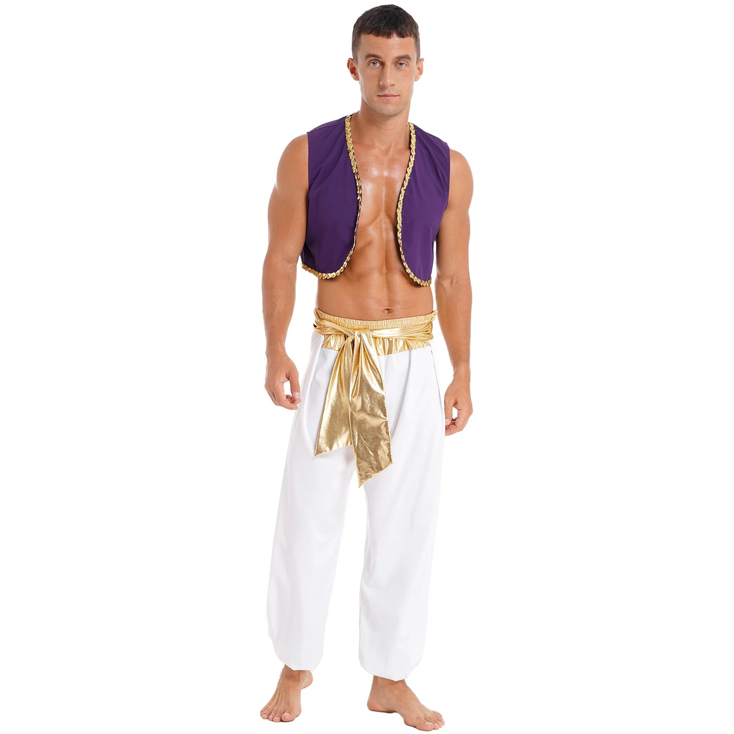 Men's Arabian Prince Mythical Aladdin Sequin Trim Waistcoat Belted Pants Costume - alternate view 2